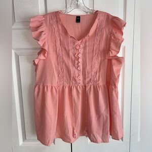 SHEIN Blush Pink Ruffled Flutter Sleeve Blouse with Lace Panel and Tassel Tie